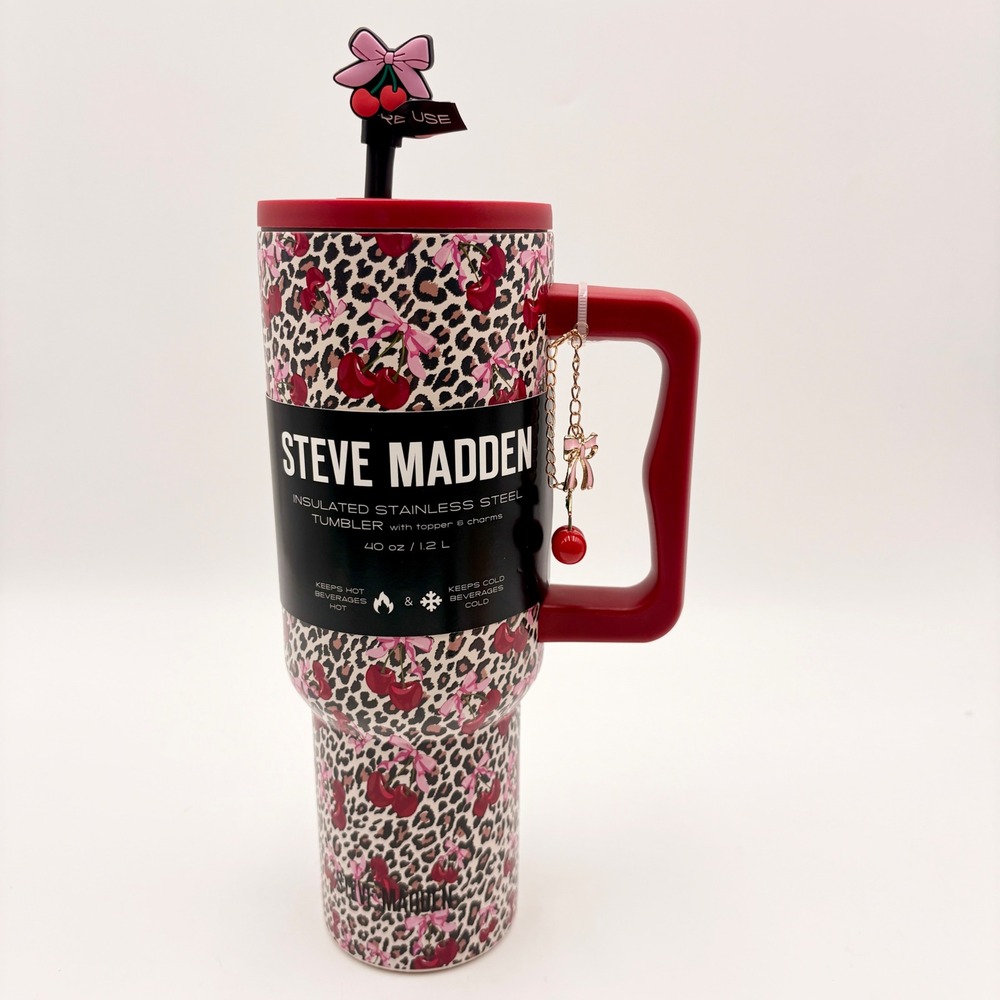 Steve Madden Leopard Cherry Bow Insulated Stainless Steel Tumbler with Charms